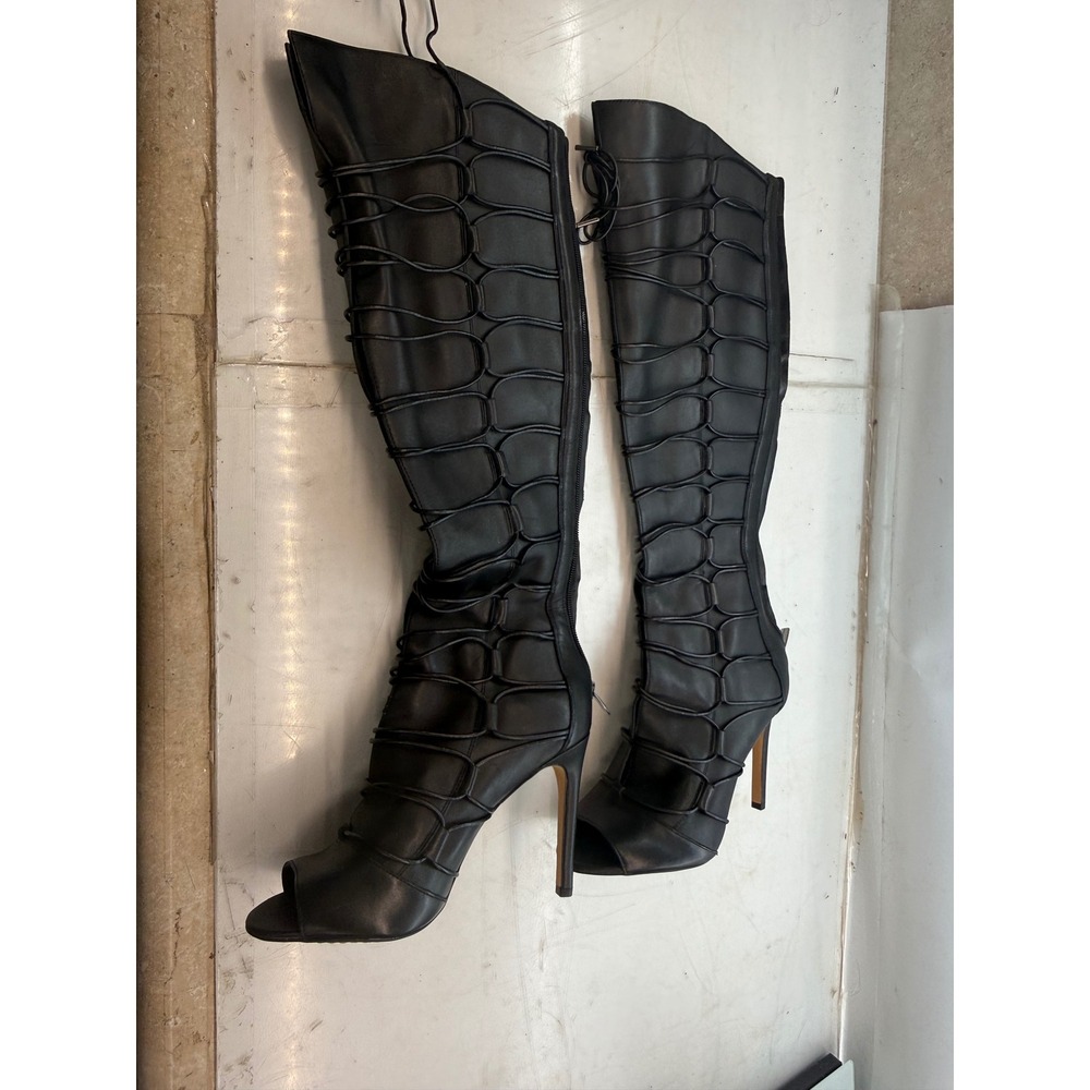 Vince Camuto VC-Kesta Black Leather Lace Up Peep Toe Knee High Boots Womens 7M